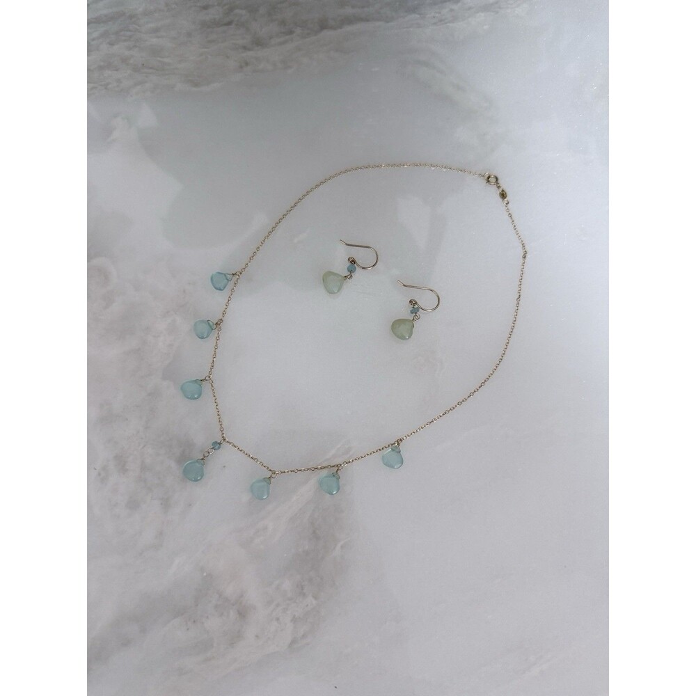 NEW Jewelmak 14K Gold Seafoam Chalcedony Necklace Earring Set Vintage Boho - Picture 13 of 15